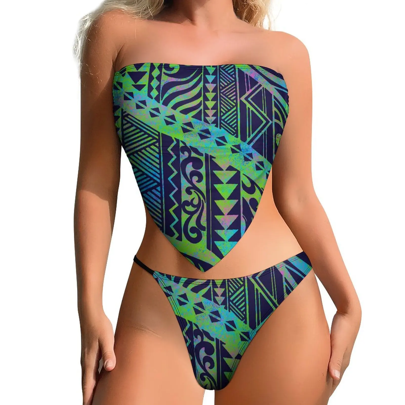 Tribal estilo étnico praia push-up maiô, tribal padrão, conjunto de duas peças, tribal biquíni