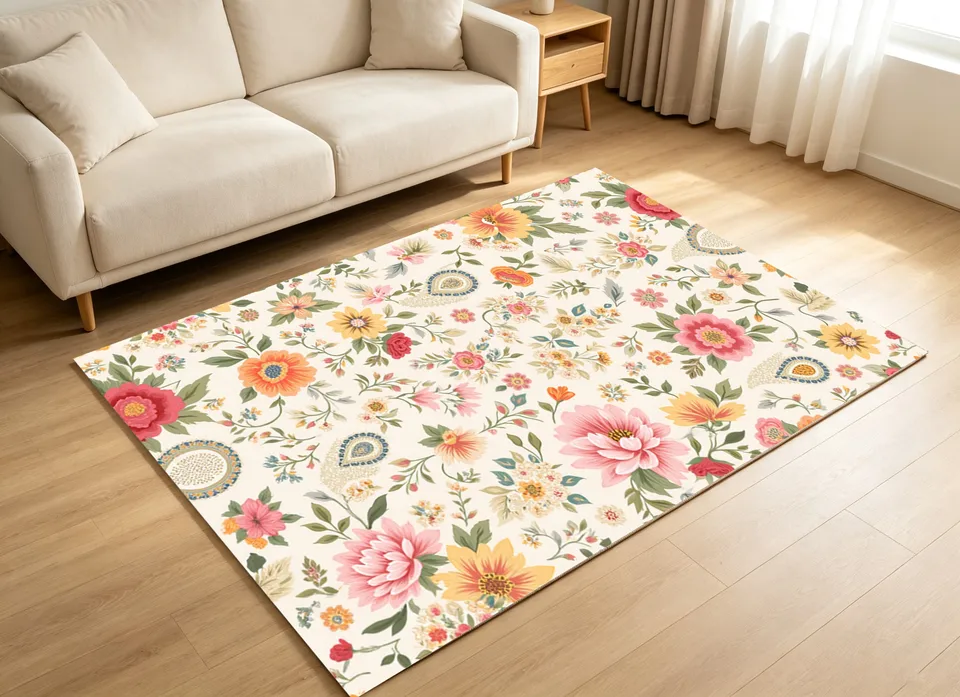 Velvet Floral Print Rug Retro Home Decor