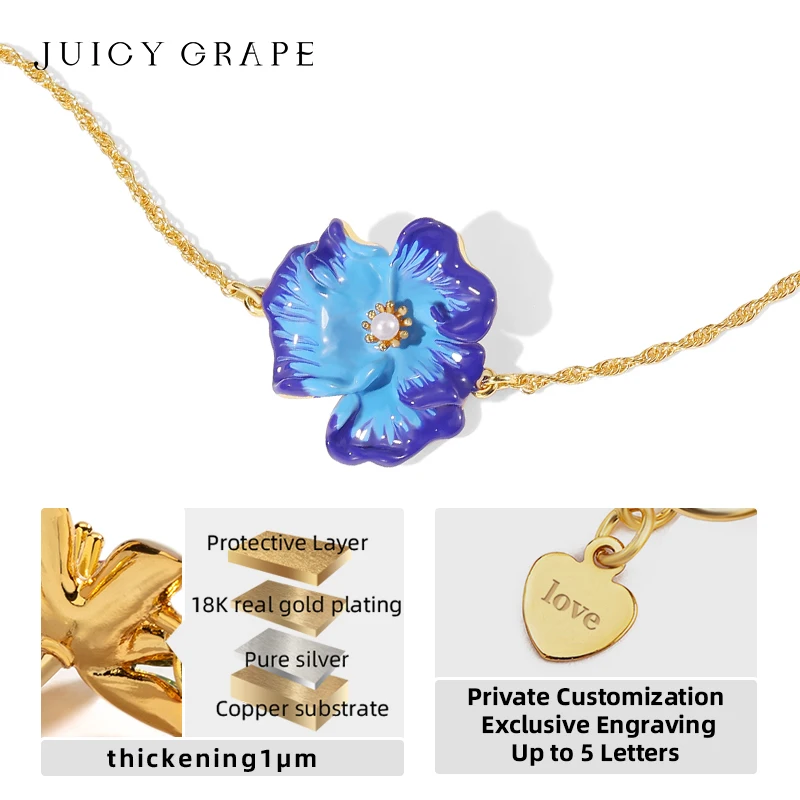 Juicy Grape Orchid Bracelet for Women Blue Enamel Flower Bracelet with 18K gold Plated Tail Chain Can be Engraving of names