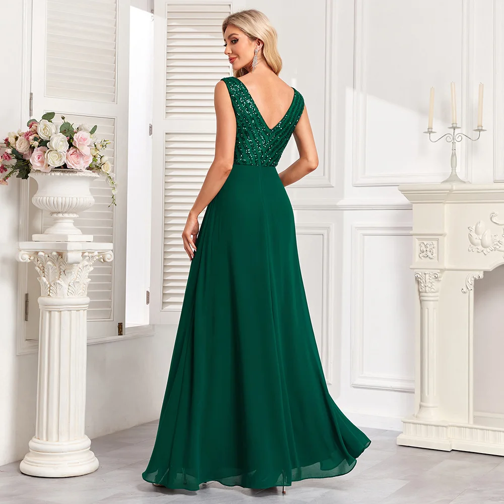 Graceful 2024 Long Green A Line Evening Dress Shiny Sequined Chiffon Floor Length Women Formal Gowns Dropshipping