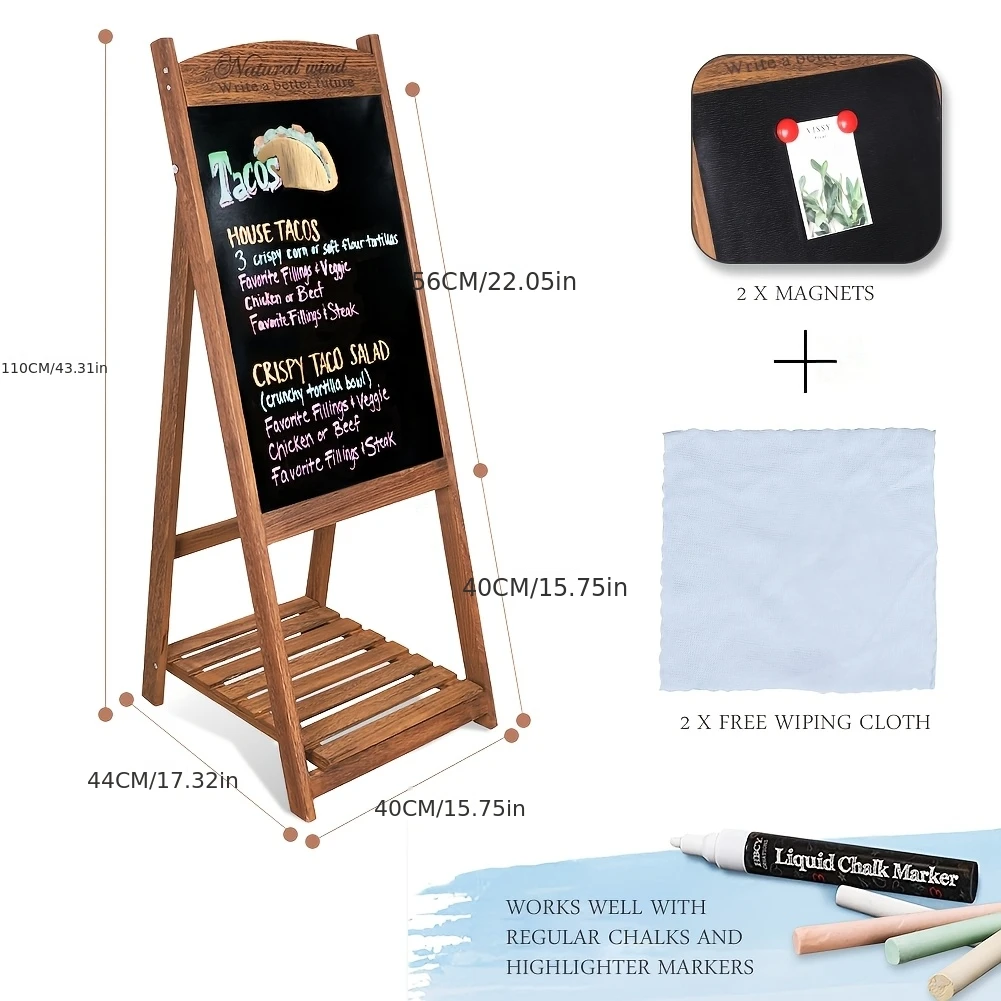 Wooden A-Frame Chalkboard Easel with Shelf Standing Message Display Menu Event Party Announcement Business Décor Freestanding