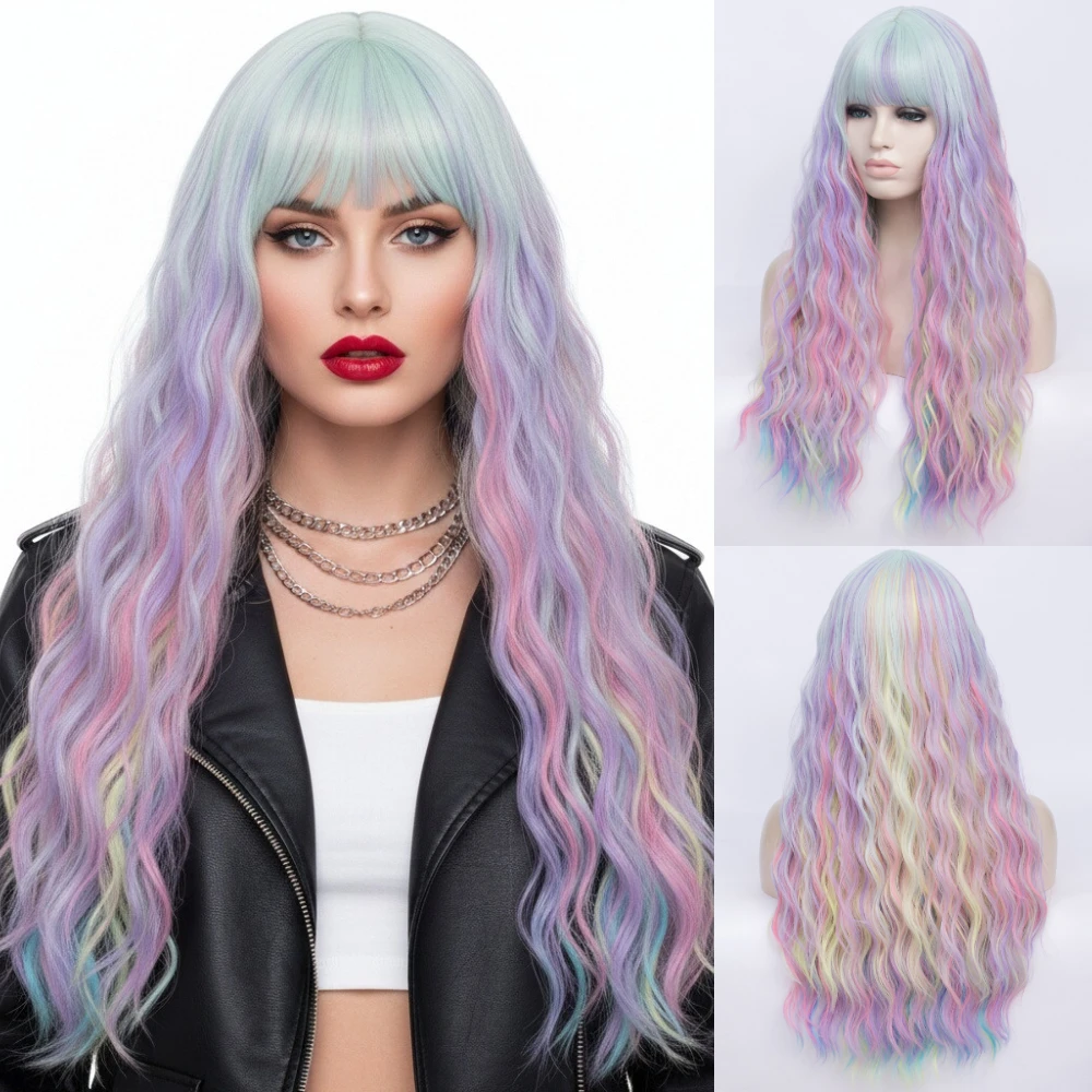 

Long Synthetic Wig New Internet Celebrity Style With Bang Pink European And American Daily Cosplay Wear