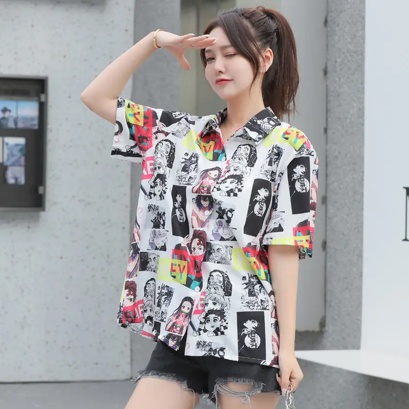 Japanese Cartoon Printed Button Up Shirt Women Couples Short Sleeve Shirt Blouses Vintage Floral Chiffon Women Summer