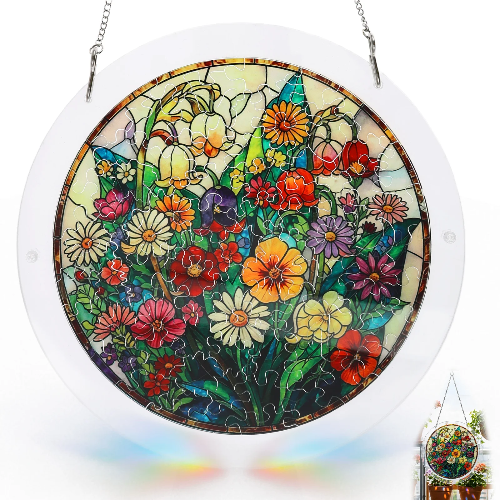 DIY Acrylic Puzzle Suncatcher Window Hanging Pendant Floral/Sunset Stream Design Irregular Puzzle Ornament with Chain Home Decor