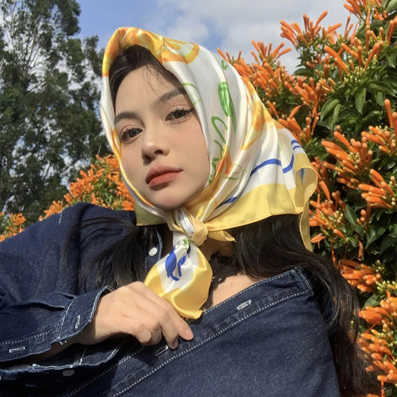 70cm Square Lemon Print Yellow Square Silk Scarf Casual Elegant Thin Breathable Neck Women Windproof Head Wrap Hair Scarves 2025