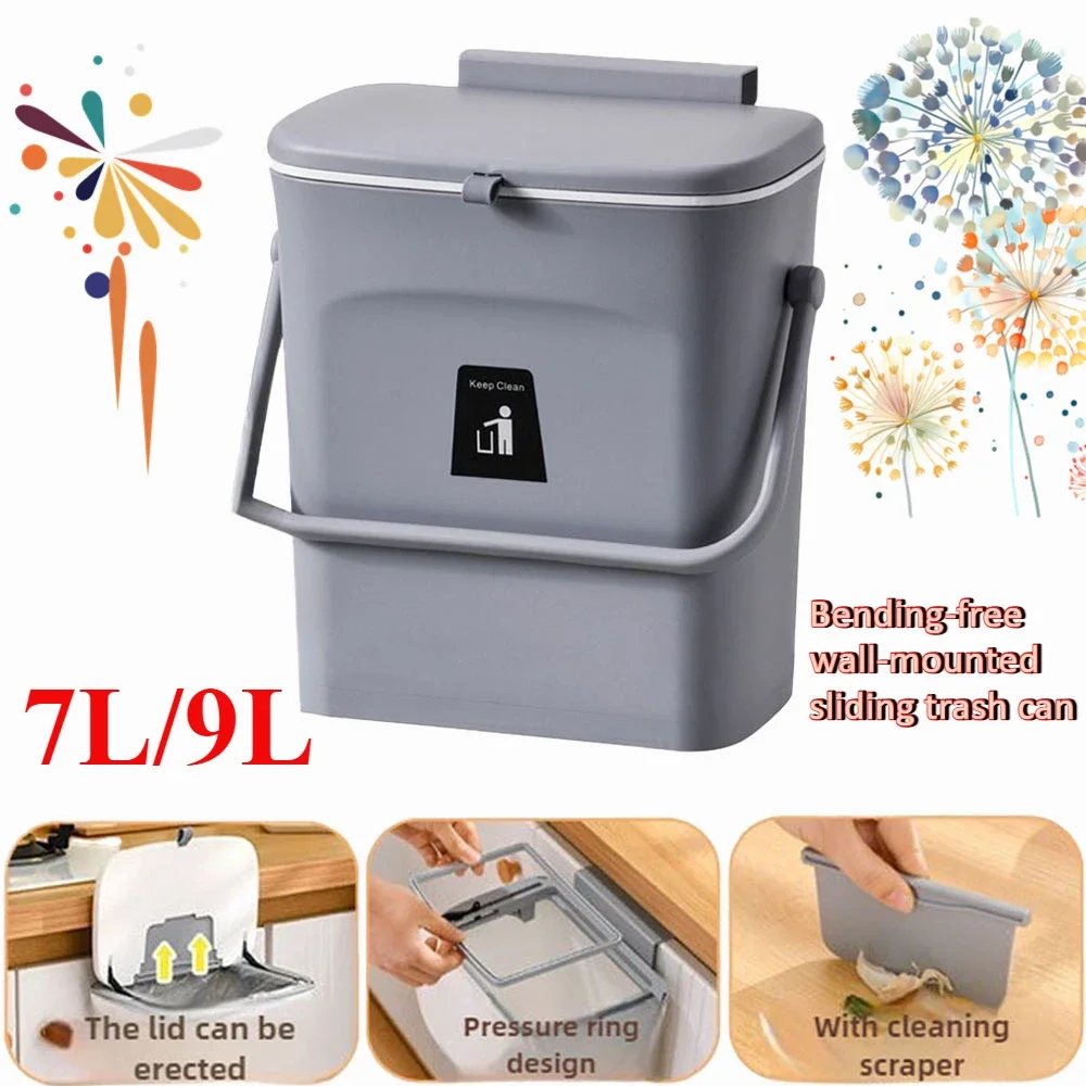 Sliding Cover Large Capacity Kitchen Waste Storage Bin Non Perforated Household Wall Mounted Kitchen Waste Bucket Recycleing Bin