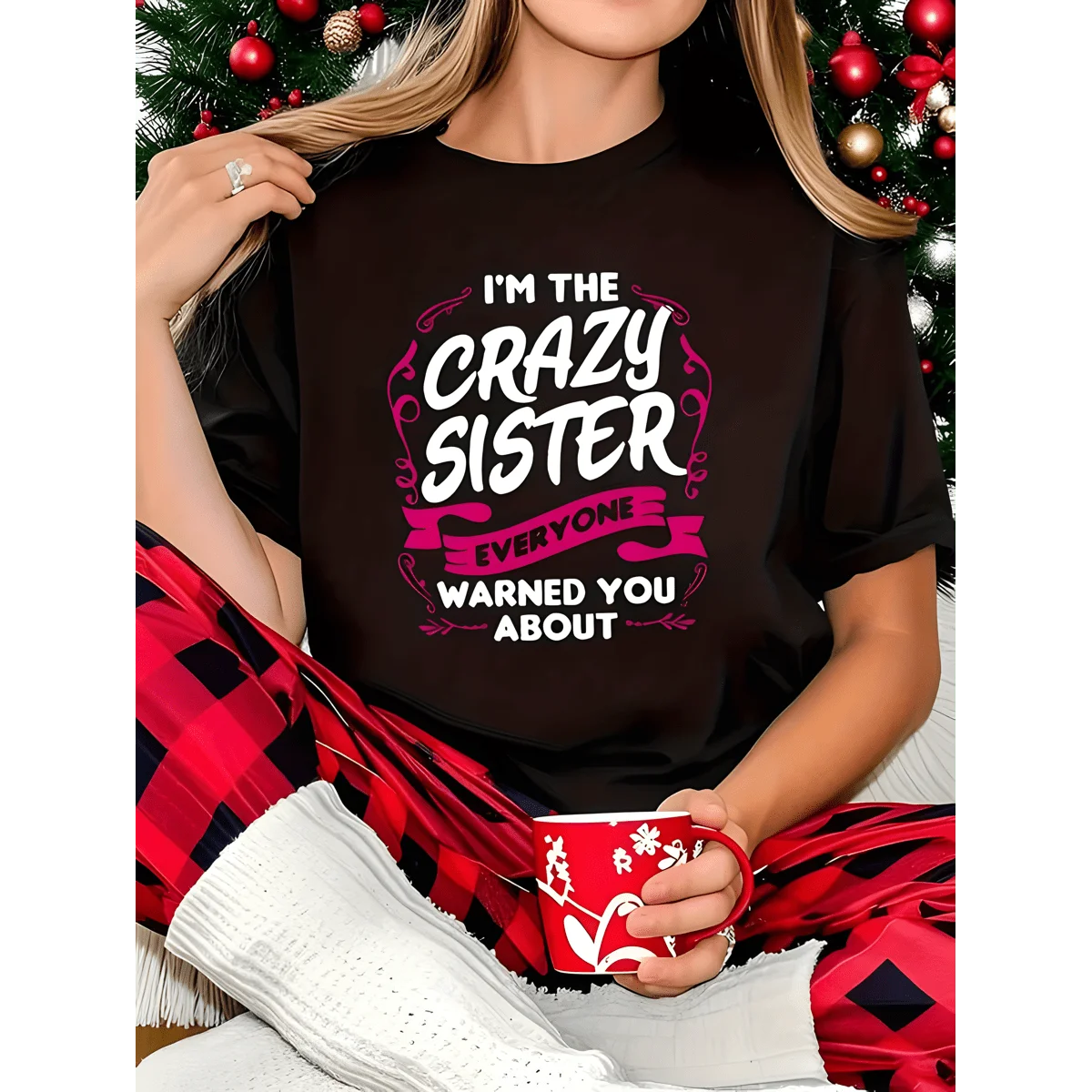 Women Plus Size Funny Graphic T‑Shirt Crazy Sister Humor Quote Print Oversized Crew Neck Short Sleeve Curvy Fit 100% Polyester Casual Family Novelty Tops