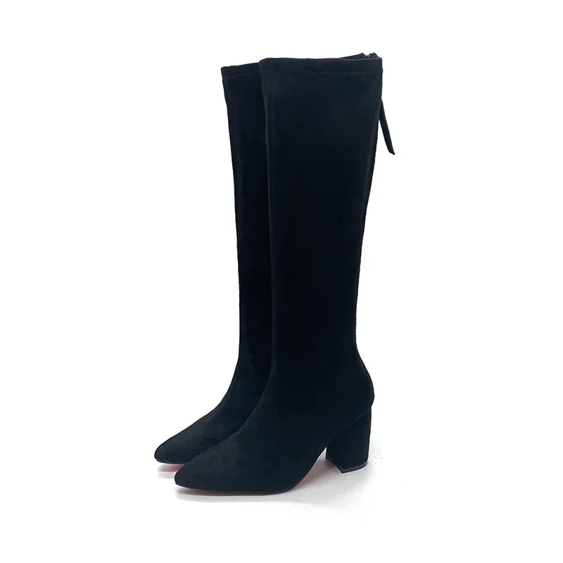 Classics Women's Boots Knee High Flock 2024 Autumn Winter New Mature Casual Pointed Back Zipper Fashion Square Heel Women Shoes image 6