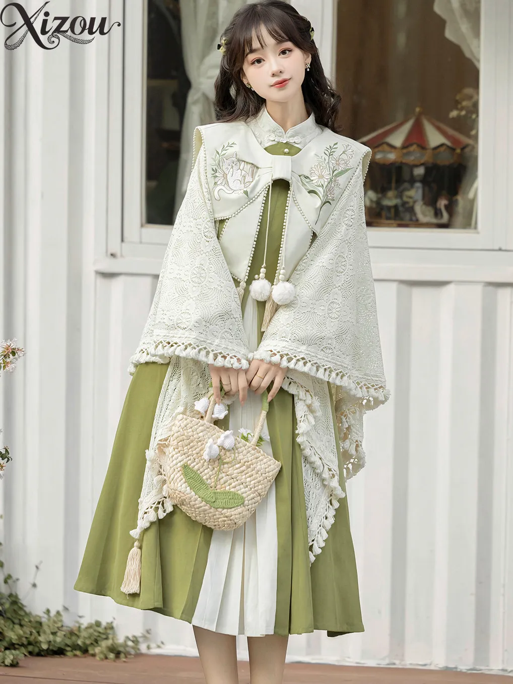 

Sweet Lolita Hanfu Dress Set Women Embroidery Cat Floral Cape Cloak Green White Chinese StyleGirl Vintage Kawaii Party Costume