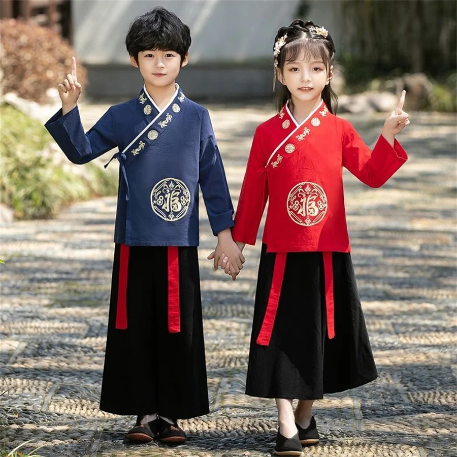 Hanfu Meninos Menina Vestido Chinês Tradicional Estilo Roupa Escolar Desempenho das Crianças Antigas Estudantes Vermelho Moderno Hanfu Crianças