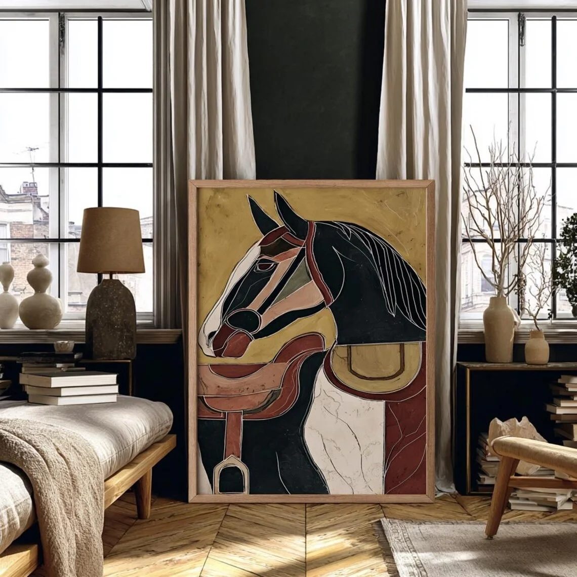 Regal Equestrian Mosaic Wall Art - Timeless Print Celebrating the Grace of Horses. The Deep Red Backdrop and Shimmering Gold Flo