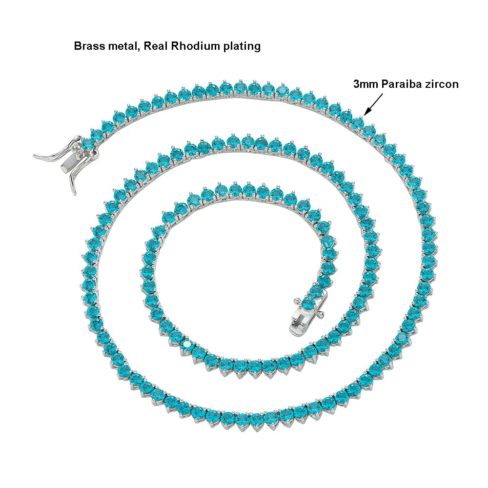 YLMyself Tennis Necklace 3mm Paraiba Zircon 3 Prong Brass Rhodium Plated Sparkling Women Jewelry Gift 16/18 Inch