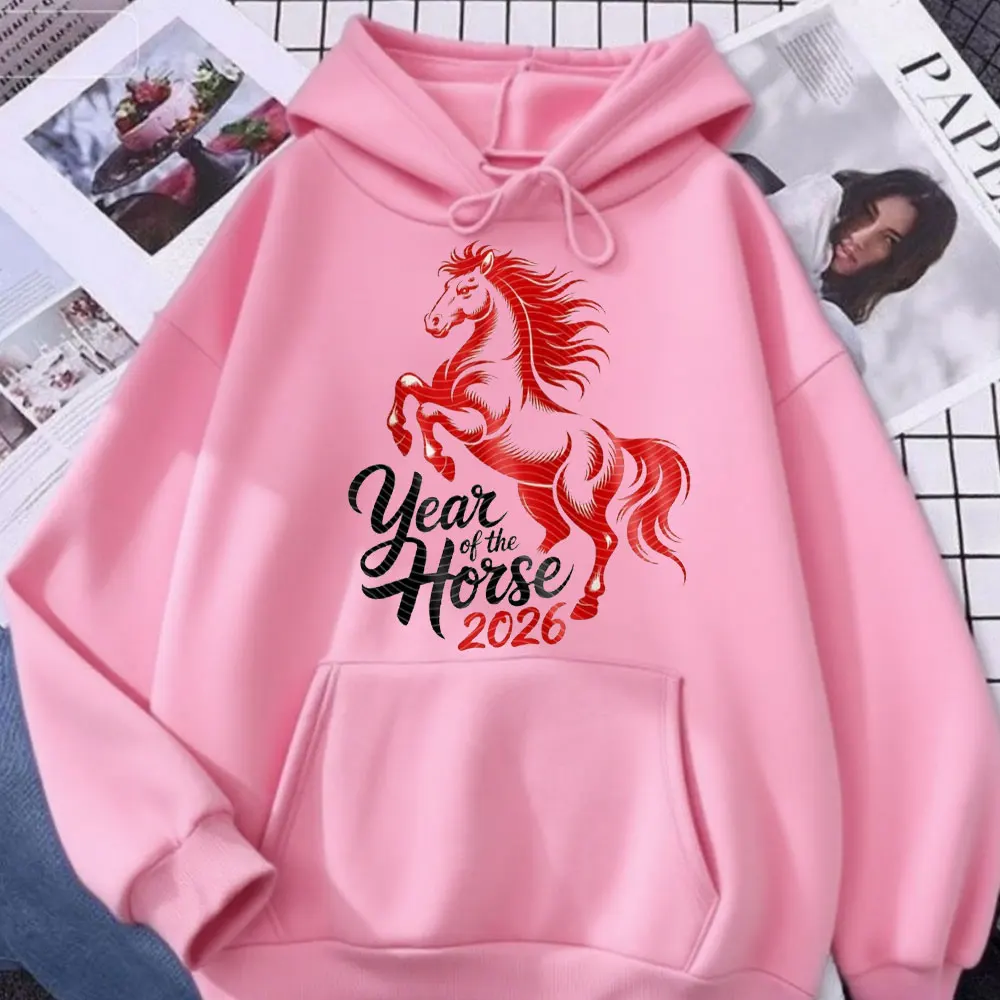 Vermelho zodíaco cavalo gráfico feminino pring outono inverno hoodie ano novo lunar 2026 moda pulôver kawaii unisex camisolas