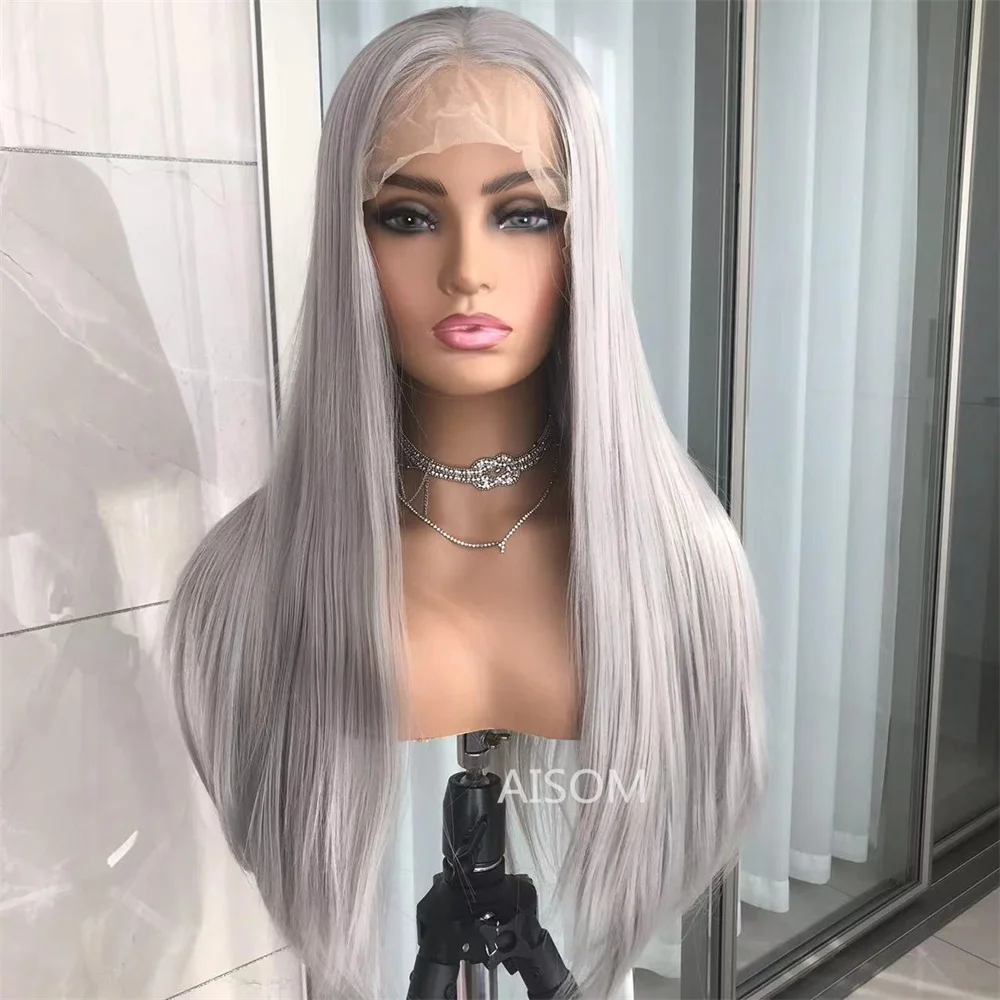 Gray Long Straight Synthetic Lace Wigs Pre Plucked Heat Resistant Highlight Blonde Lace Front Wig for Women 99J Transparent Lace