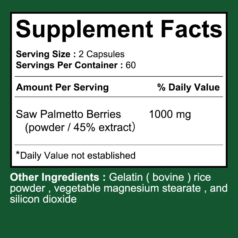 Saw Palmetto Capsules - Prostate Support, Prevents Hair Loss, Promotes Hair Growth, Promotes Urinary Tract Health