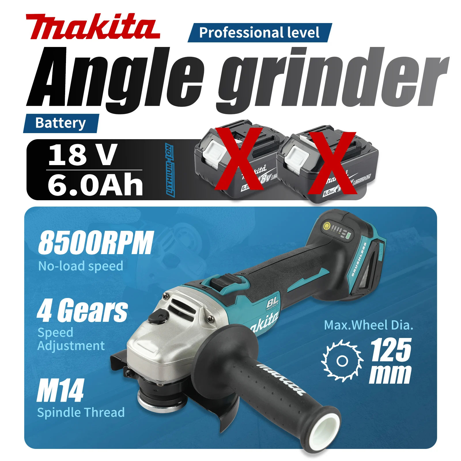 Makita DGA404 Hand‑held Cordless Angle Grinder 18V 8500RPM 4‑Speed Control M14 Spindle for Metal Trimming Cutting Repair Task