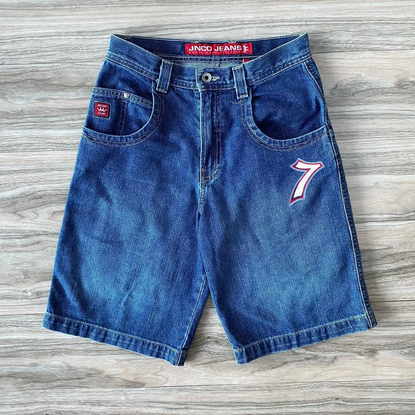 Calça masculina Hip Hop Lucky 7 Dice Graphic Y2K Harajuku JNCO Shorts jeans retrô azul Baggy, calção de ginástica, gótico, calção de basquete