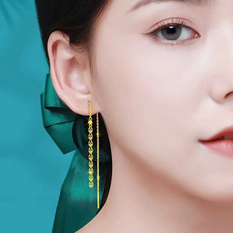 Elnar Jewelry Luxury 24K 9999 Pure Gold real gold Hollow-out Phoenix Tail Tassel Ear Line Women's Eardrop Ear Line