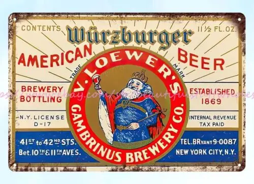 brew pub garage design 1930s WURZBURGER BEER metal tin sign