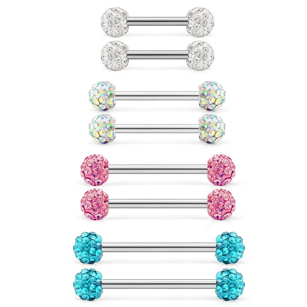 8 Pcs 14G CZ Paved Ball Tongue Nipple Barbell 316L Surgical Steel Straight Bar Piercing Jewelry 12‑19mm for Men Women