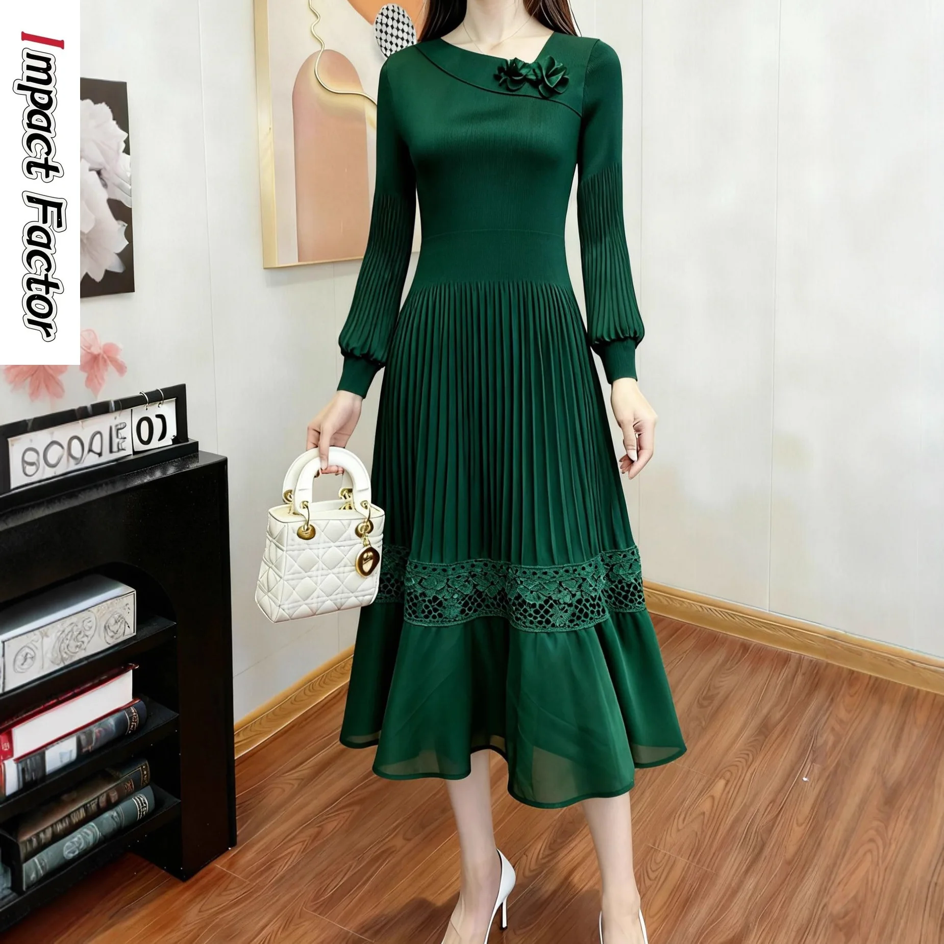 

Свободное модное платье Miyake 2022, однотонное длинное платье с v-образным вырезом и рукавами-фонариками, новая женская одежда