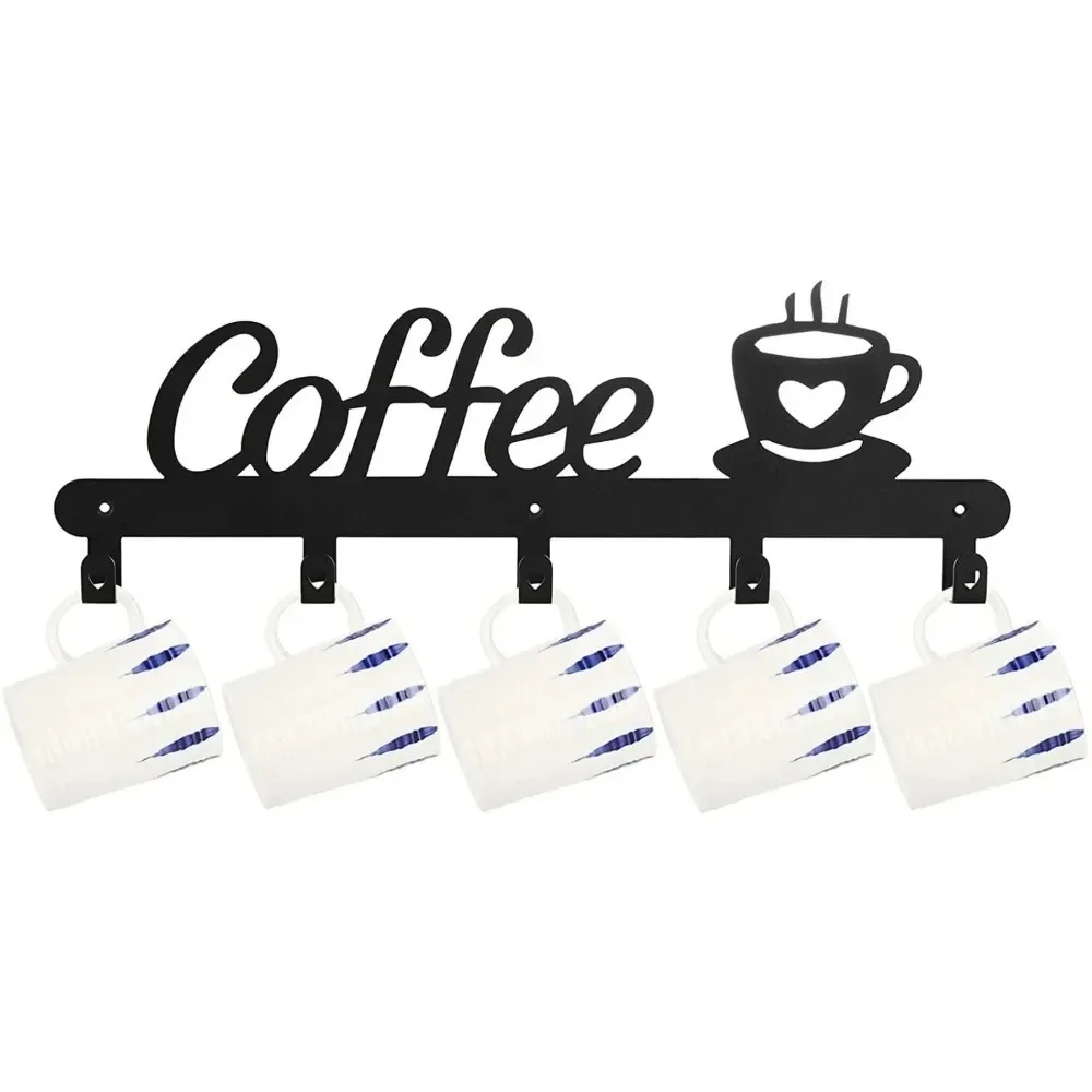 Coffee Metal Mug Holder Wall Mounted Iron Coffee Cup Hook Rack Coffee Word Sign Wall Decor Kitchen Coffee Bar Home Decoration