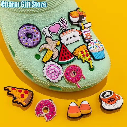 1pcs Food Series Charms Doughnuts Pizza Shoe Charms Sashimi Pin Buckle Banana Watermelon Shoe Decoration Accessories Friend Gift