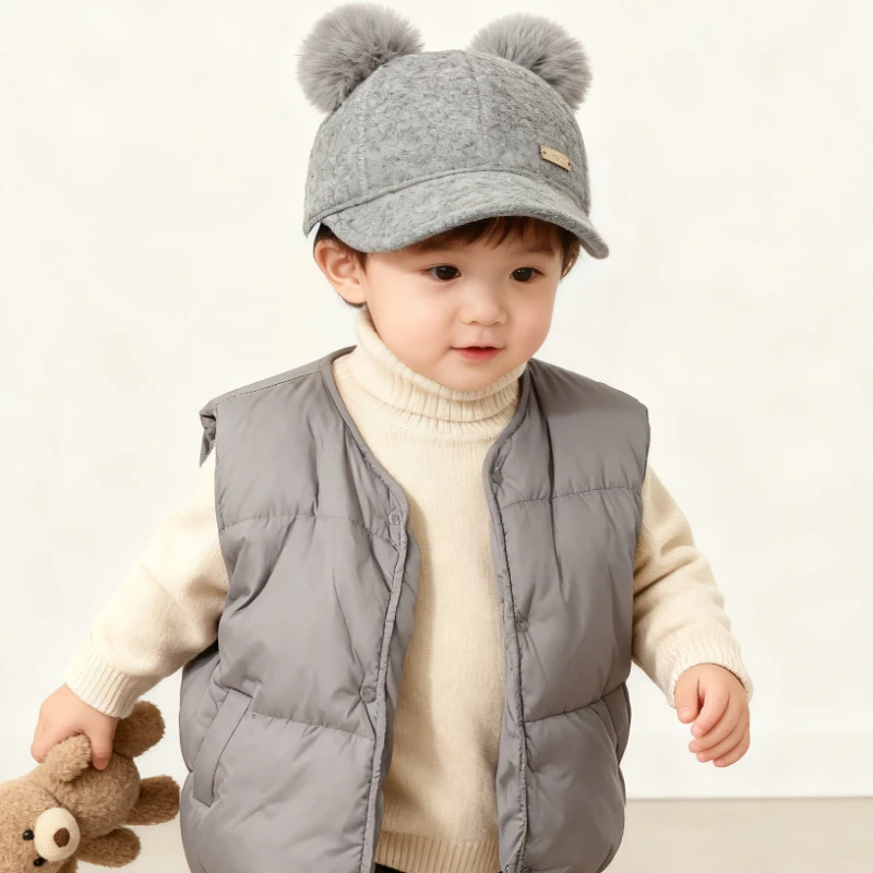 Baby Kids Felt Baseball Cap - Double Pom Pom Small Logo Pony Style Duckbill Hat for Toddlers