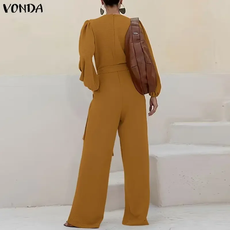 

Plus Size 5XL VONDA Fashion Jumpsuits Women Long Sleeve Pleated Solid Long Playsuits Summer Belted Elegant Office Lady Overalls