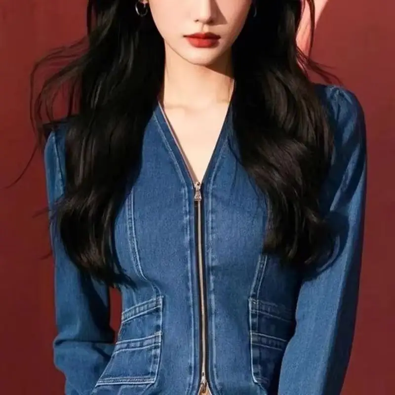 Blue lotus Leaf Edge Denim Jacket Women's 2026 New Spring Autumn Denim Coat Short Waist Cinching Slim Denim Shirt Top Female
