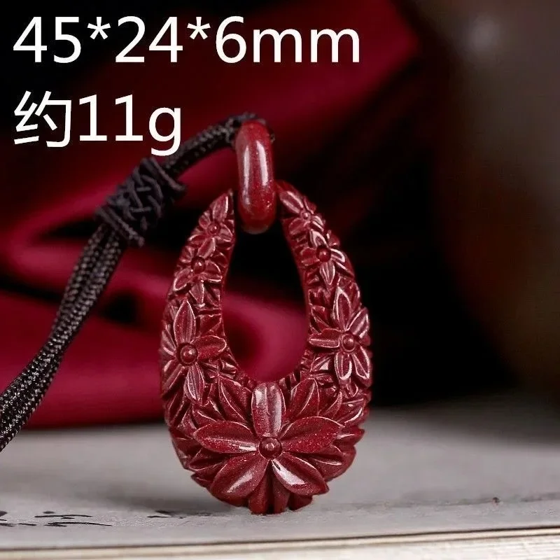 

Fashion Cinnabar Jade Double Sided Carving Water Droplet Flower Pendant Necklace Jewellery Chinese Women Man Luck Sweater Chain