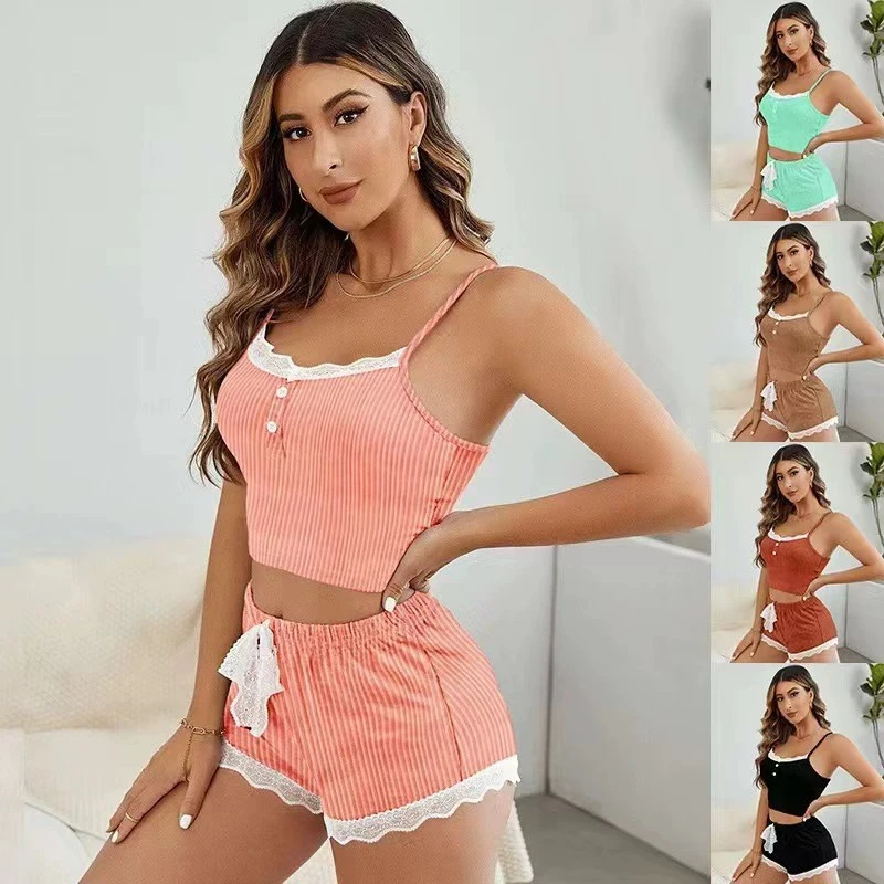 

New Summer Pajamas In European And American Style, Camisole Shorts With Lace Trim, Girls' Pajama Home Clothes