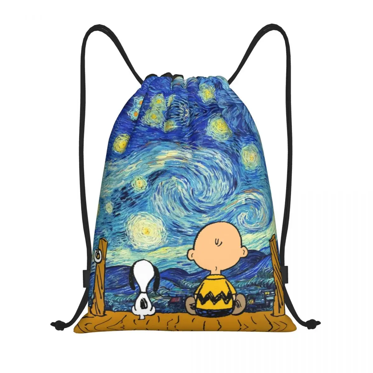 Custom Van Gogh Landscape Snoopys And Charlie Brown Drawstring Backpack Bags Lightweight Peanuts Gym Sports Sackpack Sacks