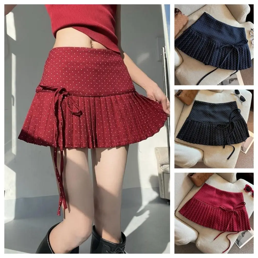 Sweet Sweet Pleated Skirts for Women Bowknot High Waist Dot Mini Skirt Preppy Style with Safety Pants A-line Short Skirts Party