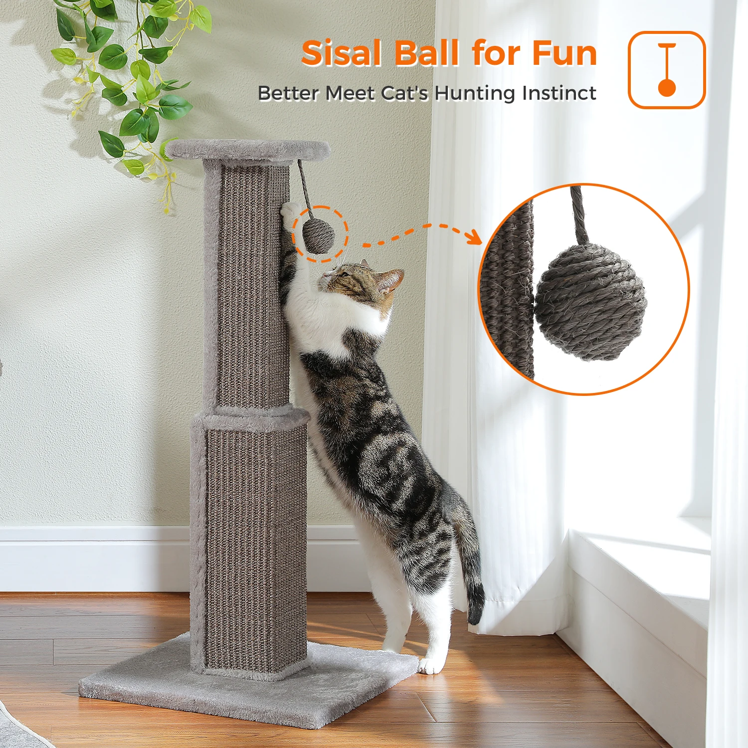 80CM Cat Scratching Post with Natural Sisal Ball, Cat Scratcher, Indoor Scratch Post, Large Cats and Kitten Toys