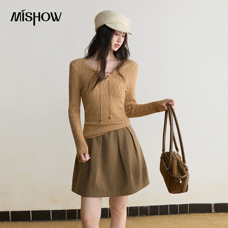 MISHOW Women's Sweater French Soft Style Drawstring Versatile Pullover 2026 Autumn Designer Layering Long Sleeve Tops MXF43Z3159