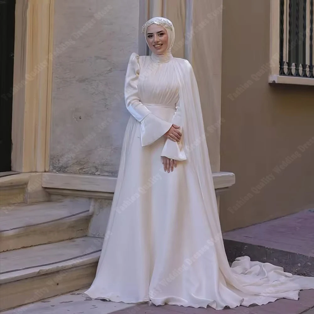 Romantique A-ligne Blanc Robes De Mariée Musulmanes Robes De Fiesta Manches Longues Robes De Bal Boule De Gaze فساتmaveraPersonnalisé 2025