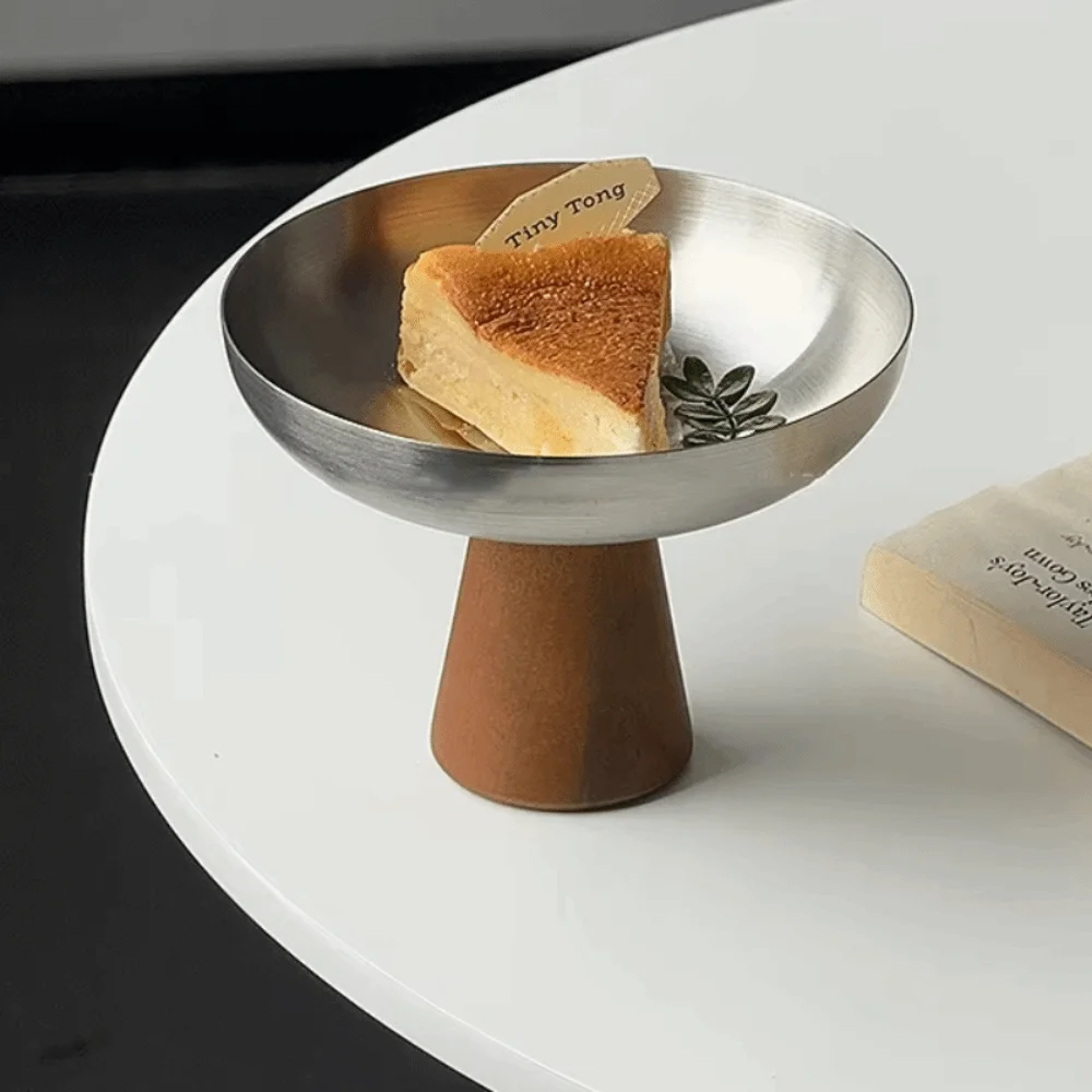 High Feet Stainless Steel Dessert Cup Wood Handle Stable Base Ice Cream Cup Large-caliber Corrosion-resistant Fruit Salad Bowl