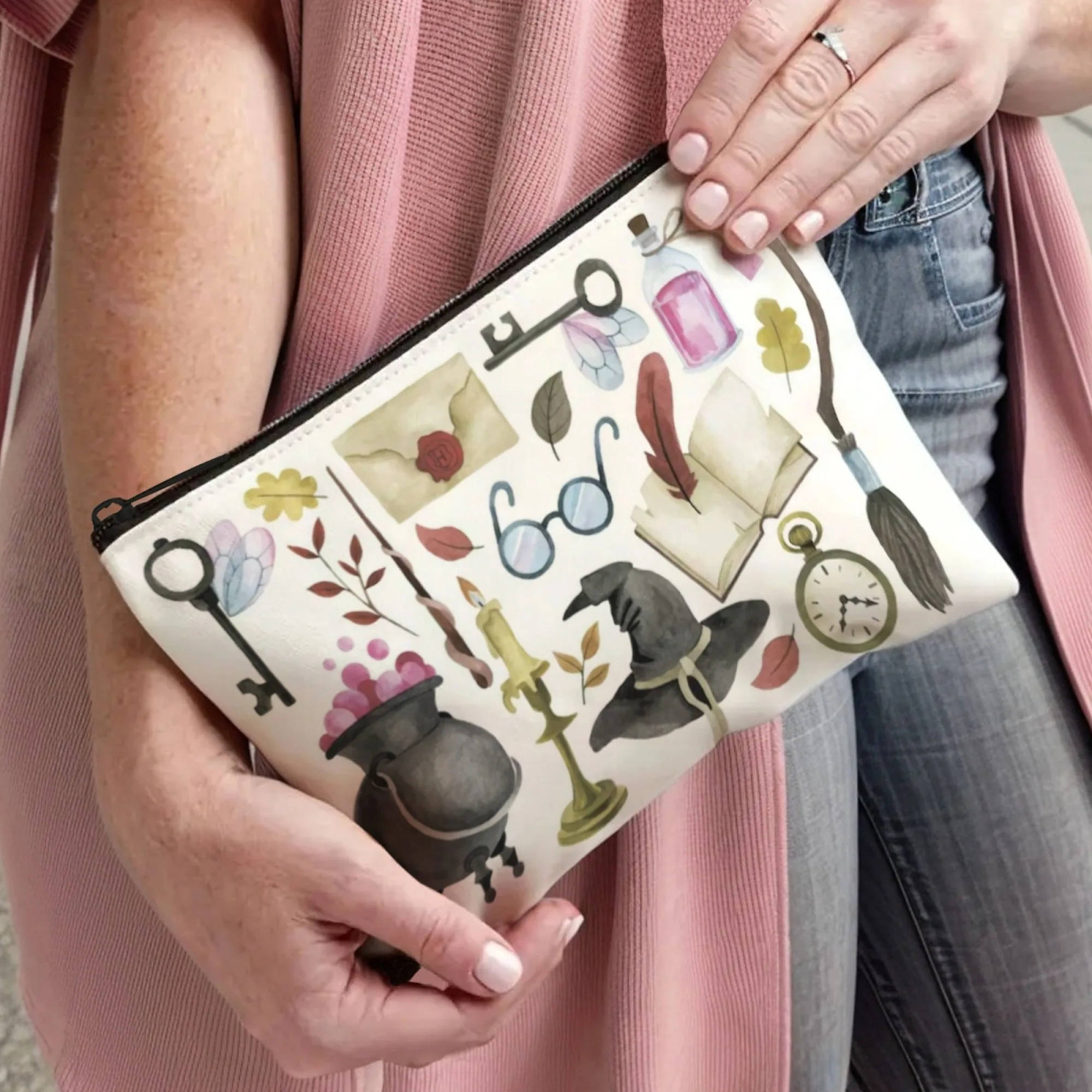 Tas Kosmetik Ajaib Fantasi Elemen Sihir Kolase Kanvas Tahan Lama untuk Pesta Halloween & Pertemuan Bertema Mantra Suvenir