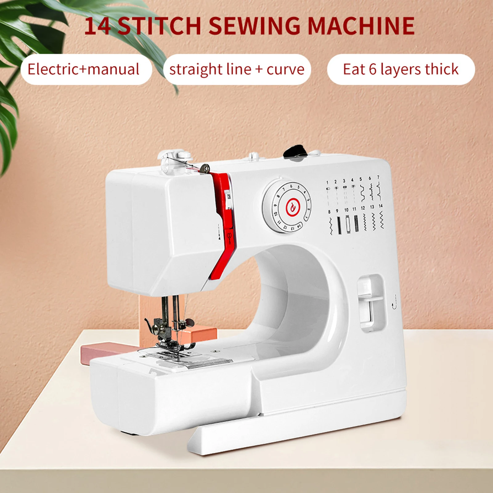 DIY 728 Mini Elektrische Nähmaschine mit 14 Stichen, Verlängerungstisch, Baumwollstoff und Nähset, Rückwärtsnähen und 14 Arten von Innennahtarten, EU-Version
