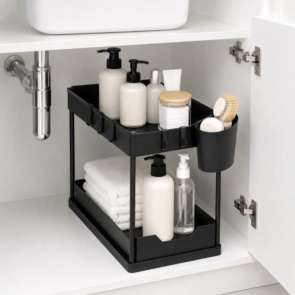Multi‑Scene 2‑Tier Cabinet Under‑Sink Organizer, Black Compact Storage Rack With 4 Hanging Hooks, Detachable Storage Bins For Kitchen Essentials, Bathroom Vanity, Pantry, Countertop & Apartment Space Optimization