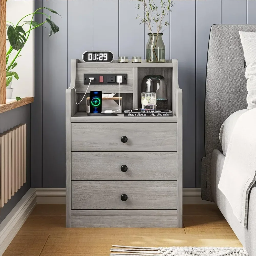 

Nightstand with Hutch and Charging Station, Nightstands with 3 for Bedrooms Set of 2, Bedside Table Nightstand