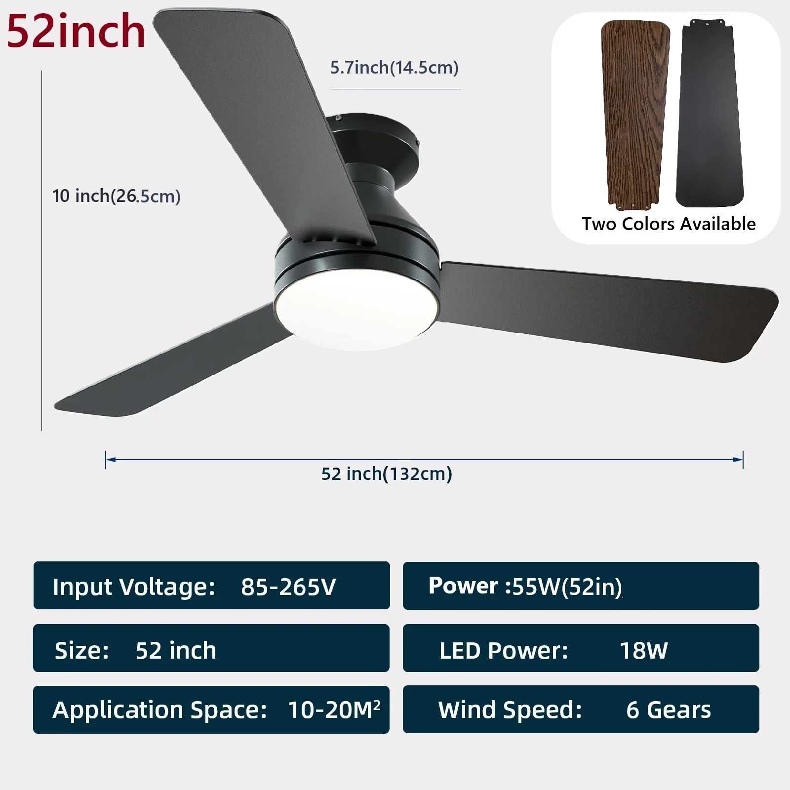 52 inch slimme plafondventilator met verlichting en afstandsbediening, 3-kleuren licht, 6-snelheden timer voor slaapkamer, woonkamer, LED-verlichting