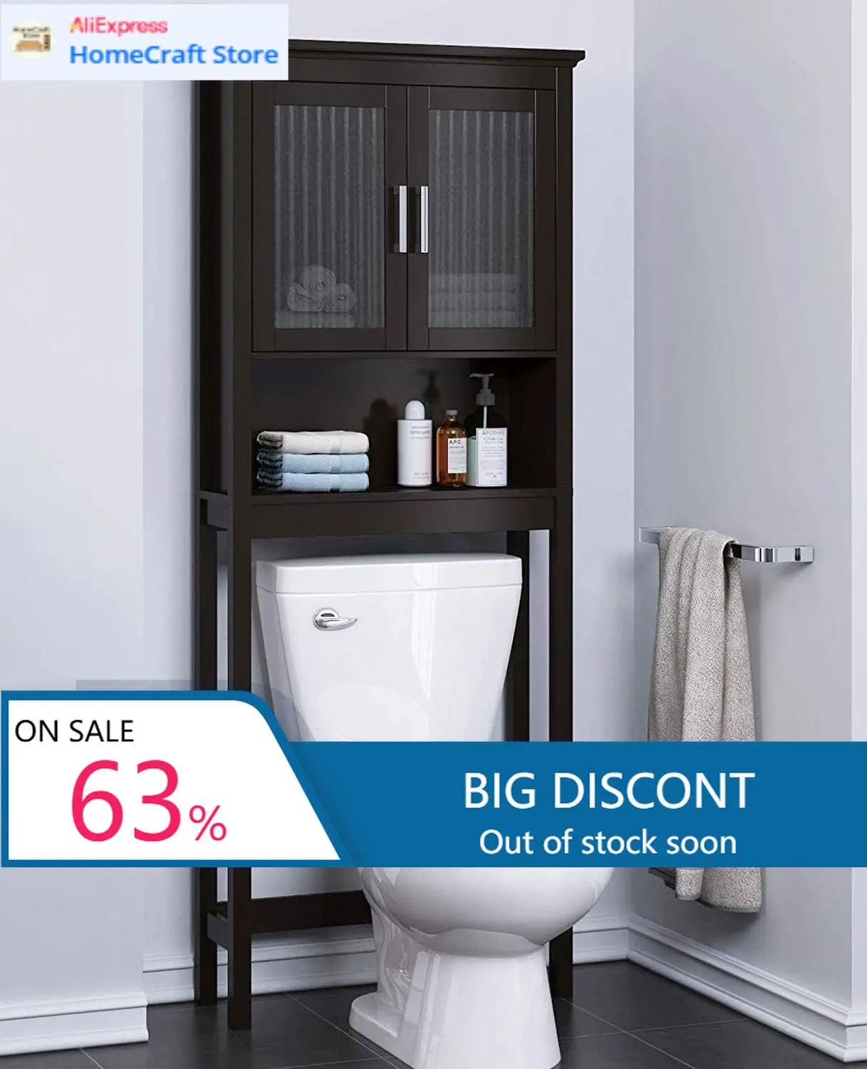 

Espresso Over Toilet Storage Cabinet with Moru Tempered Glass Doors Bathroom Above Toilet Organizer