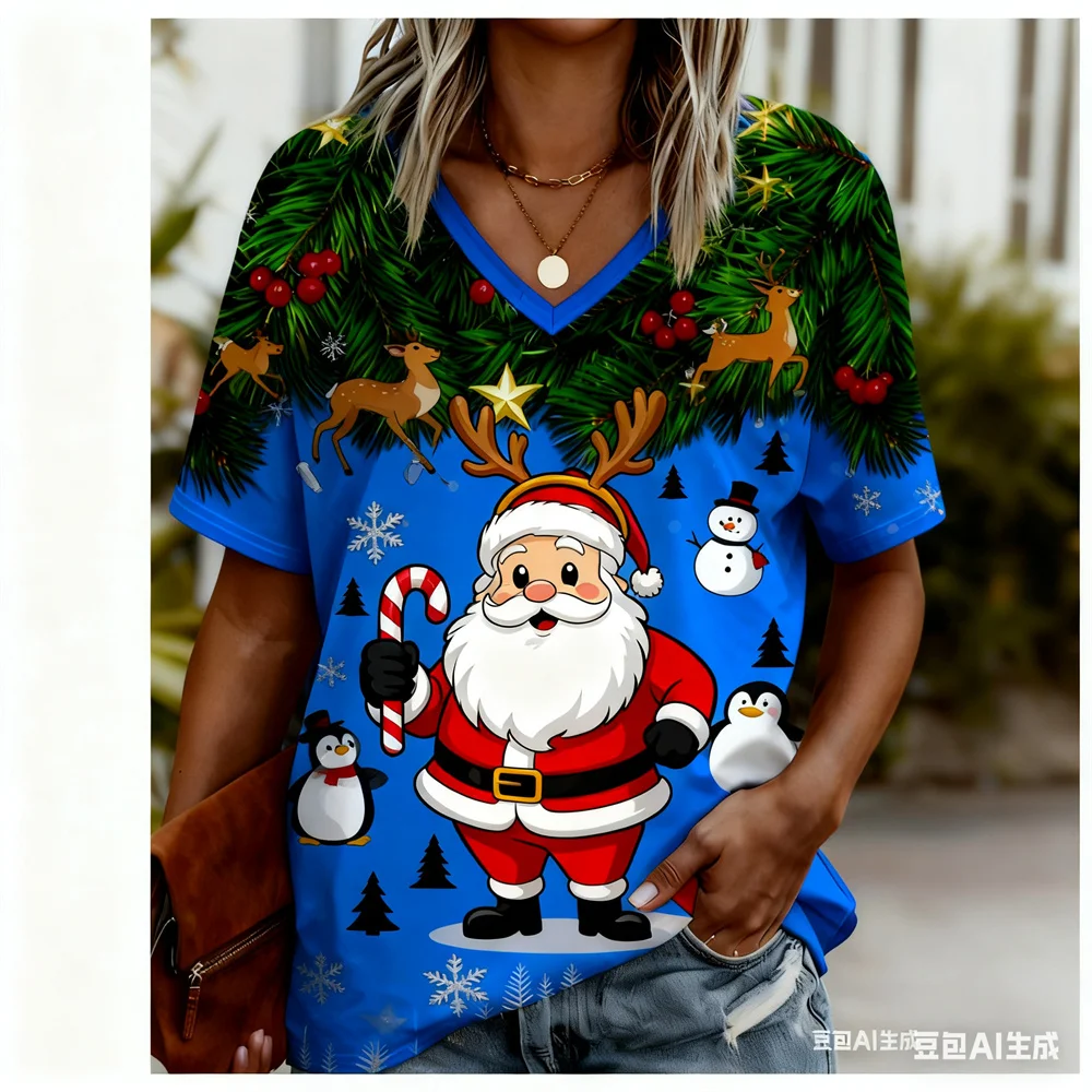 クリスマス レディース Tシャツ 3D パターンプリント V ネック Tシャツ 速乾性 新年 Tシャツ 新しい女性用トップス y2k 女性用服