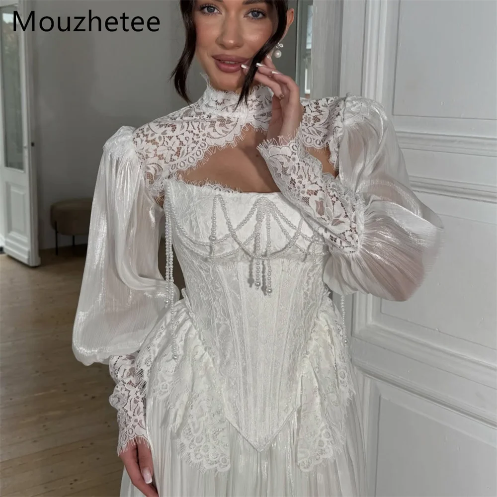 Mouzhetee  Elegant A-Line Strapless Pearls Lace Wedding Dresses Simple Long Sleeve Brides Gown Custom Made 2026