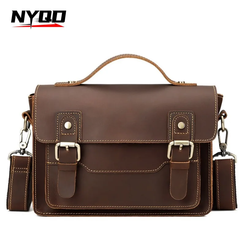 Crazy Horse Leather Men Messenger Bag Business Commuting Briefcase MENS Vintage Large Capacity Square Shoulder Bag MALE Handbags