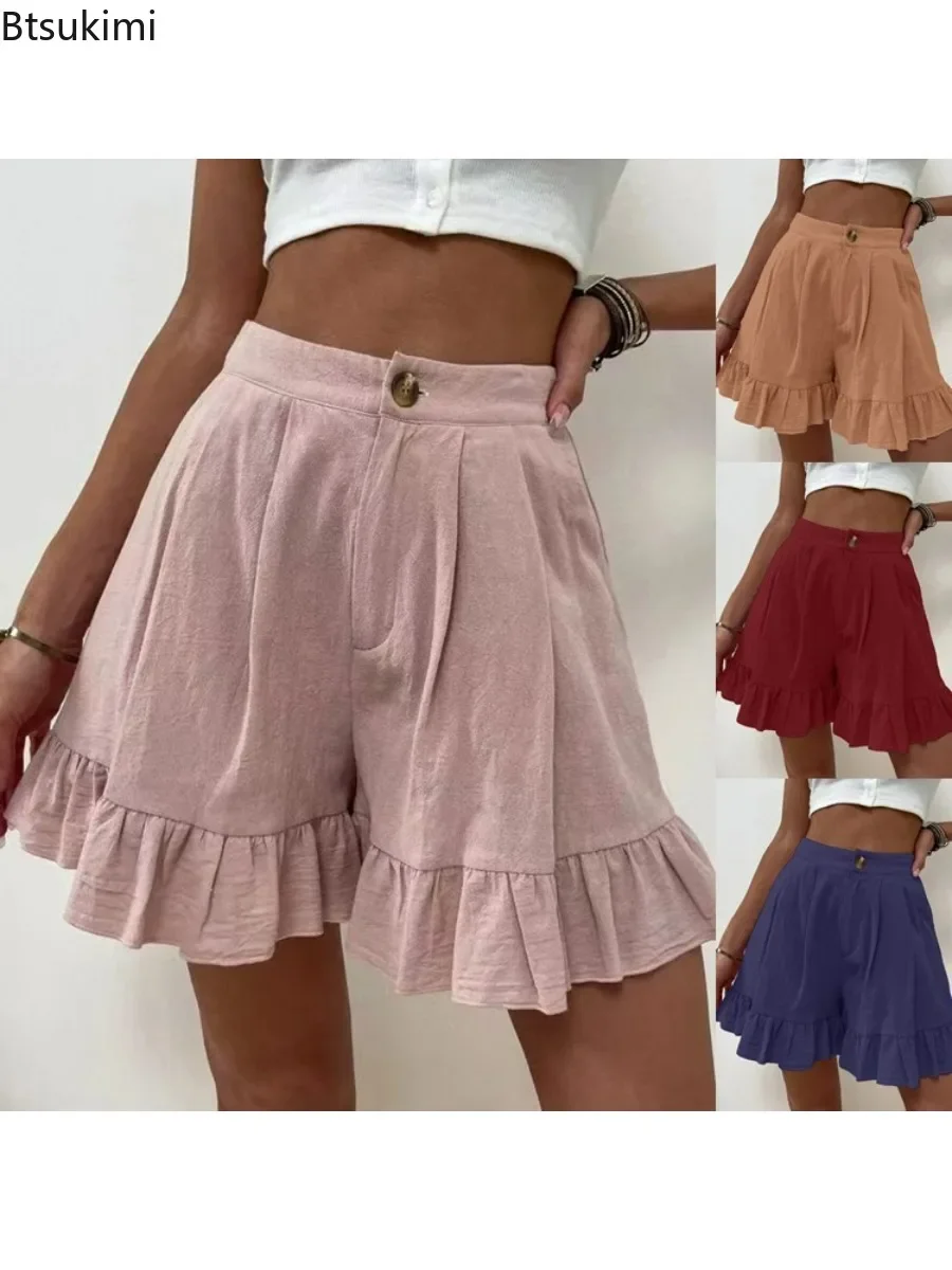 2024 Women\'s Summer Casual Shorts Solid Loose Fitting Wide Leg Shorts With A Line Ruffle Trim Cotton Linen Soft Shorts Female