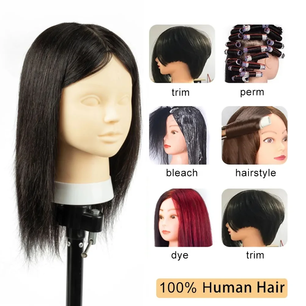 100% Human Hair Mannequin Head Short Hair Practice Tape in Hair Extension， Dyeing Bleaching, Trimming Short Hair Practice Makeup