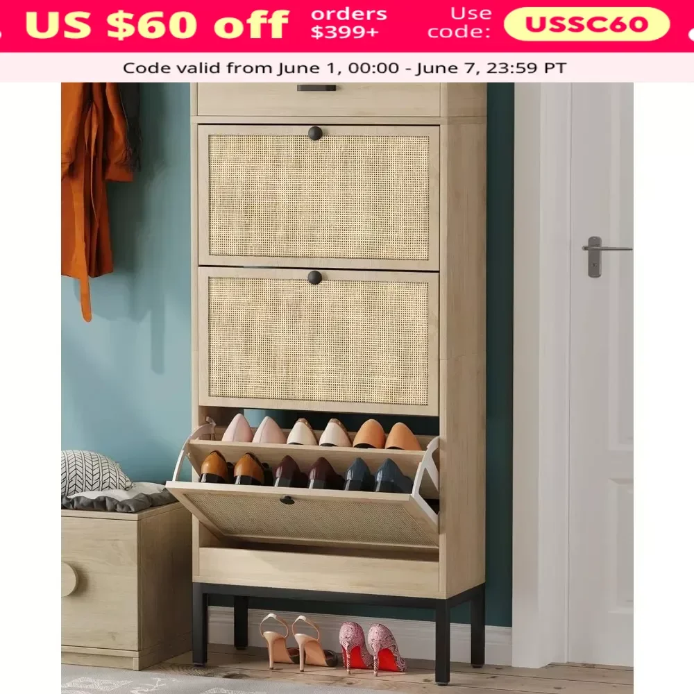 Shoe Cabinet, 3 Flip Drawers Natural Rattan Shoe Storage Organizer, Slim Shoe Storage, Living Room Furniture, Shoes Cabinets